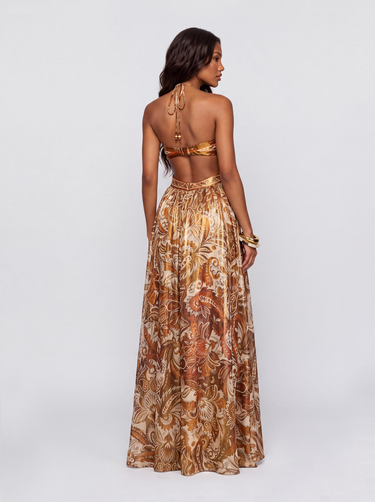 Robe longue vintage bustier à fleurs de cajou, encolure ajourée et imprimé estampé