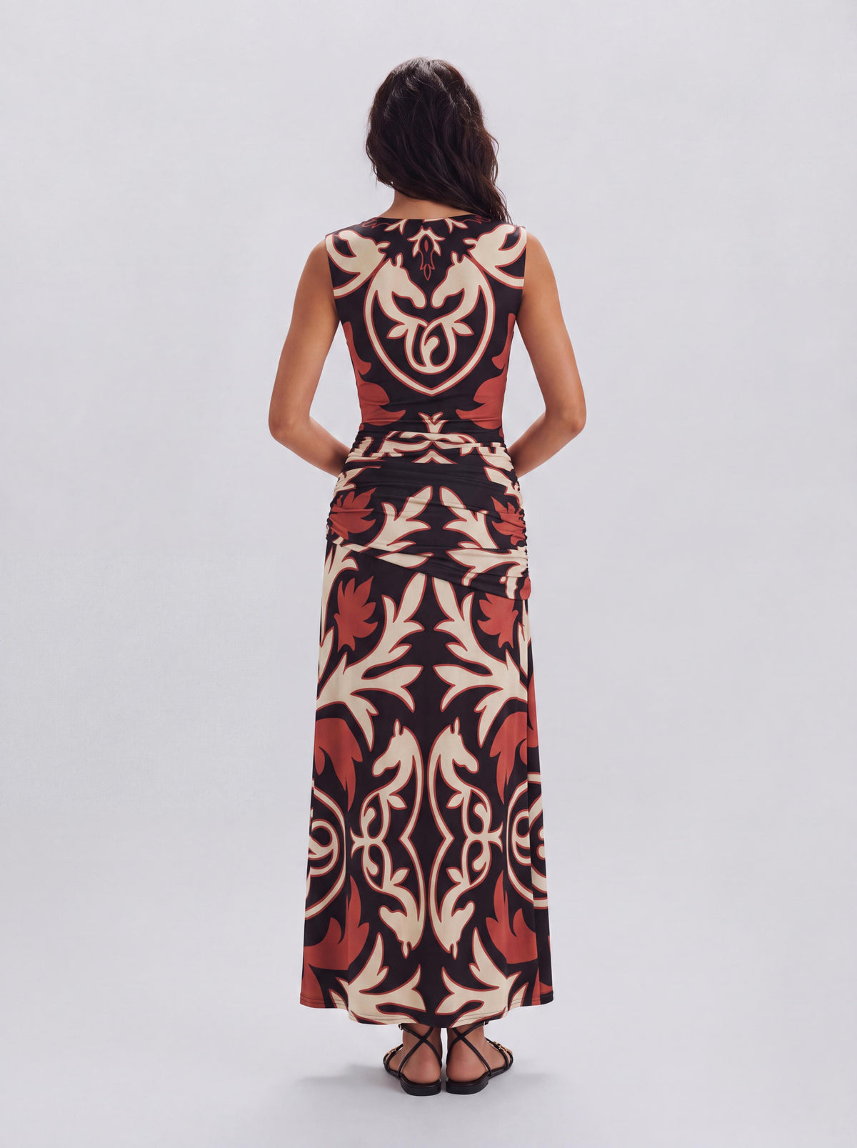 Robe longue vintage ajustée, sans manches, à découpes à la taille, drapée et à profond décolleté en V, motif cheval