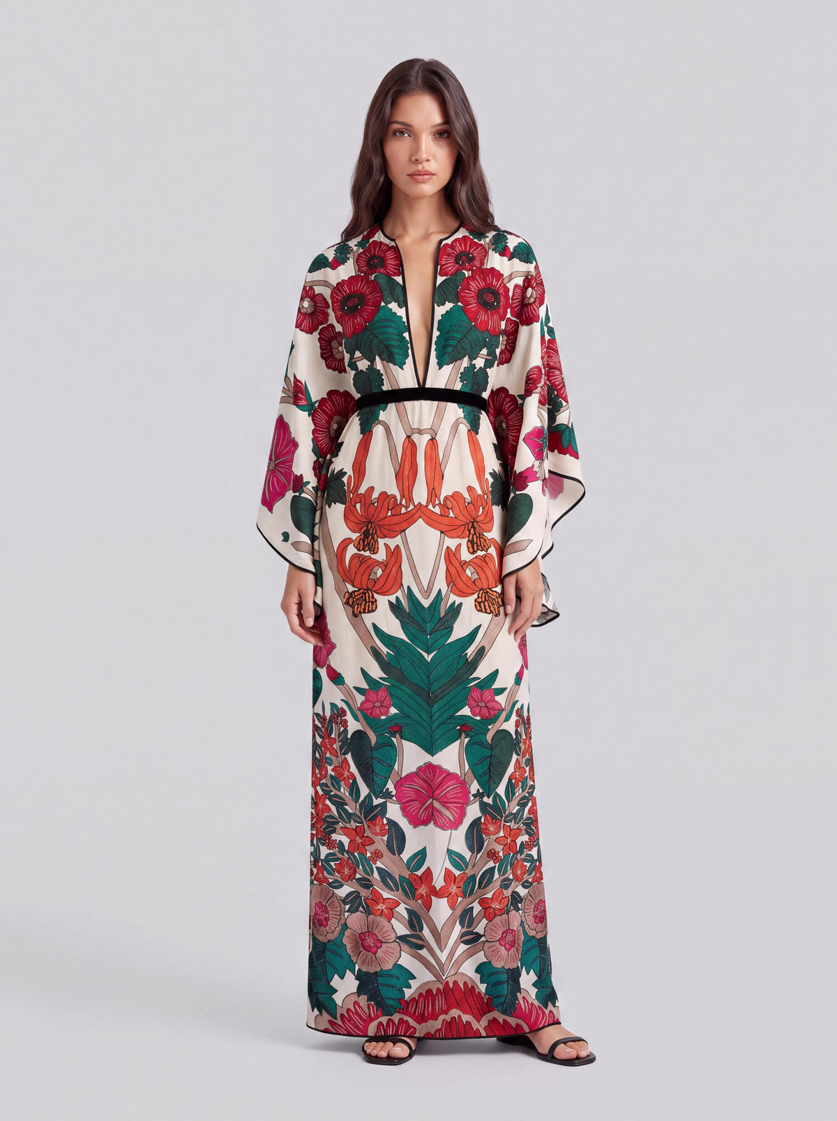 Langes Urlaubskleid im Vintage-Stil mit großem Blumenprint, Trompetenärmeln und betonter Taille
