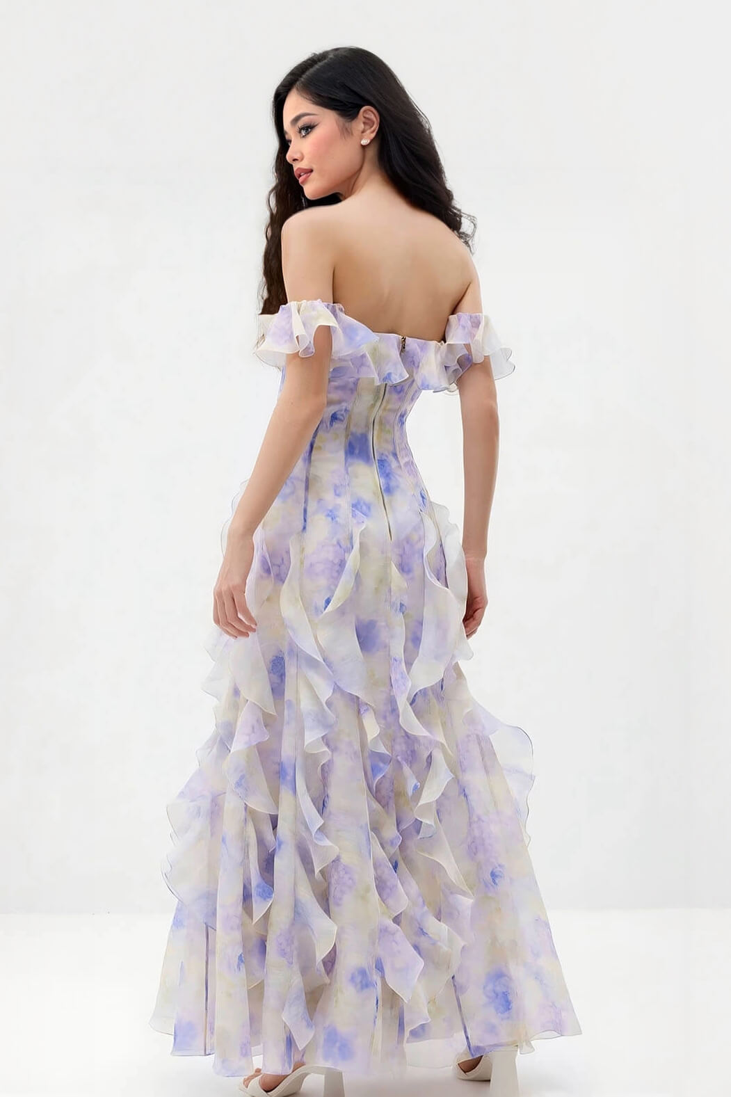 Vestido maxi de férias casual, com alças, estampado floral e folhos