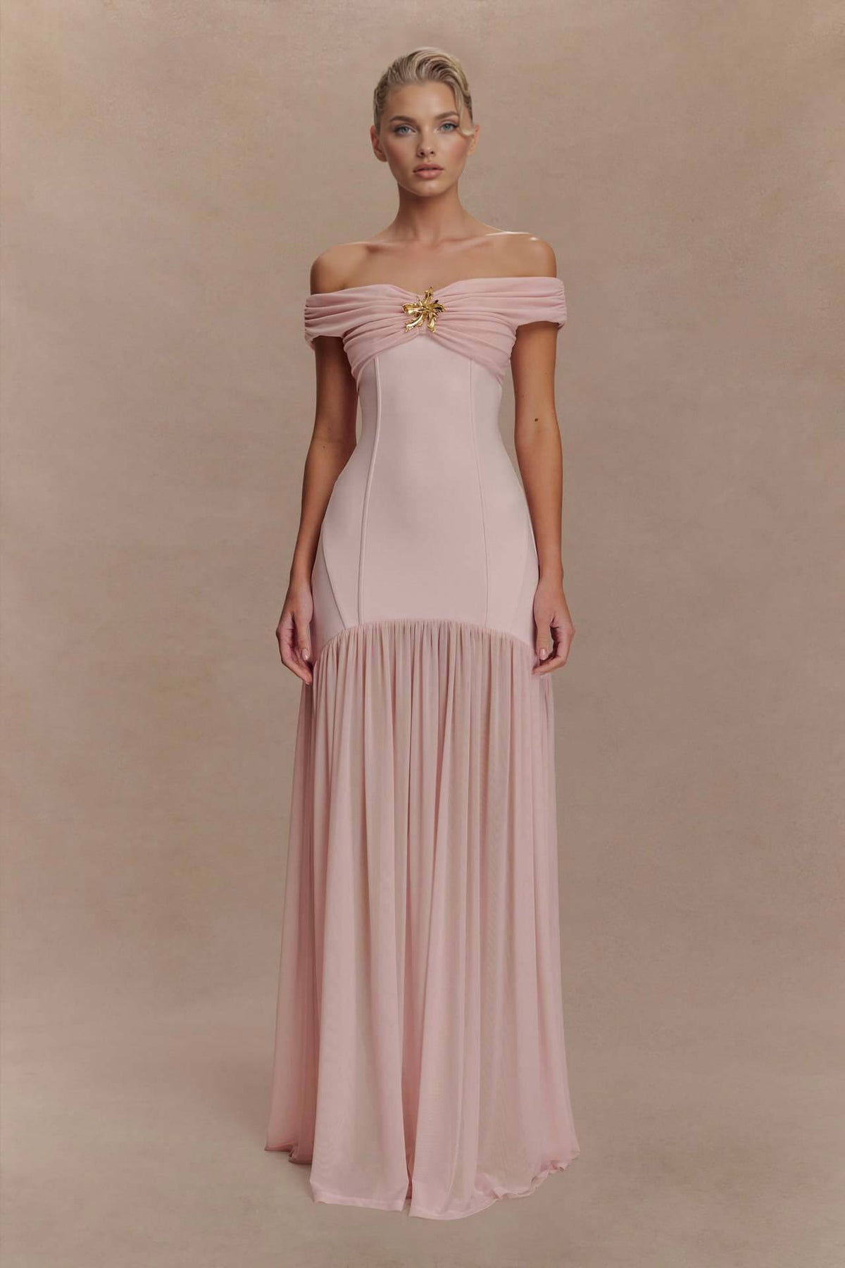 Elegant Floral-Embellished Strapless Bodycon Maxi Dress