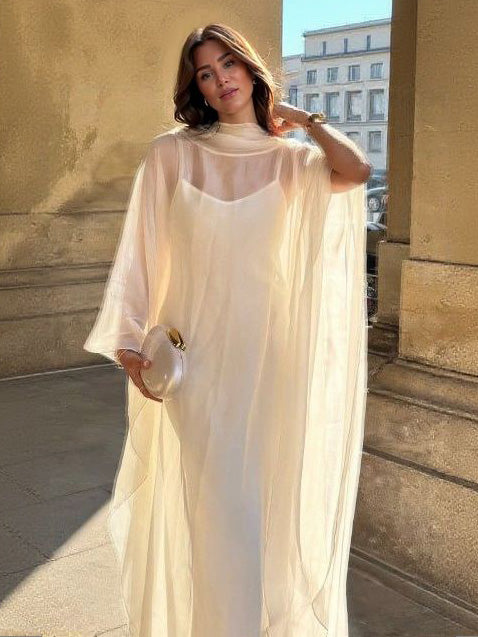 Elegant Sheer Cape Layered Maxi Dress