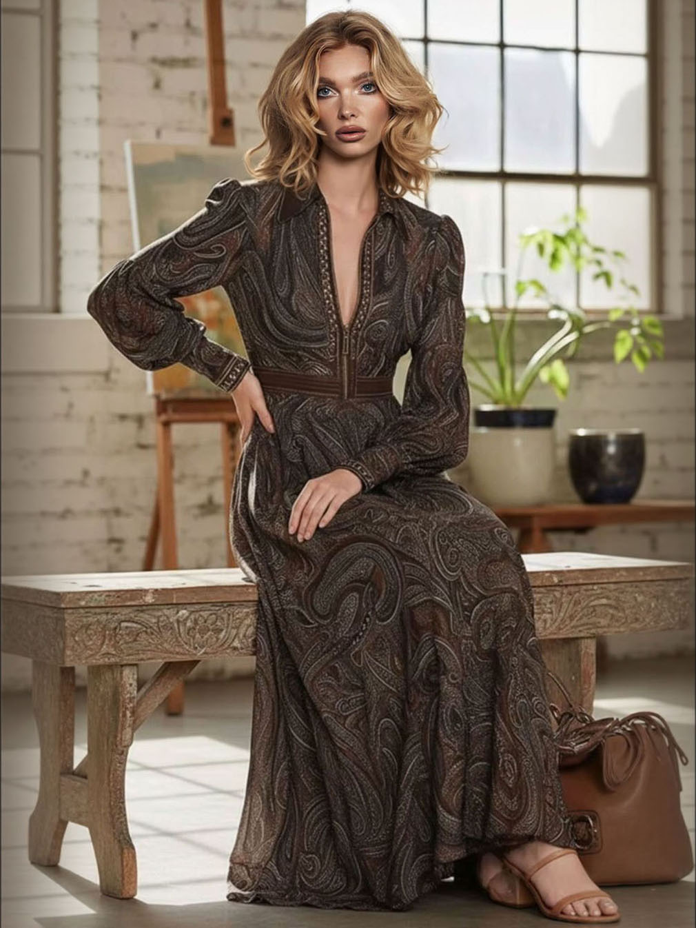 Vestido maxi retro com estampado paisley e fecho de correr