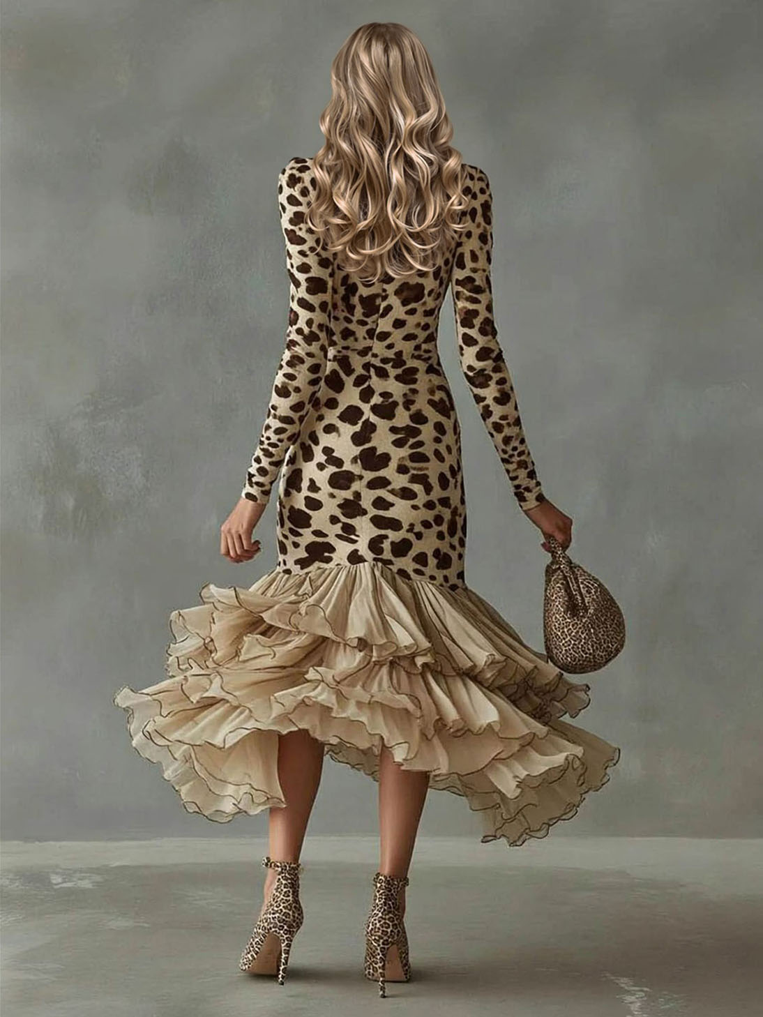 Vestido maxi estampado com folhos e decote em V