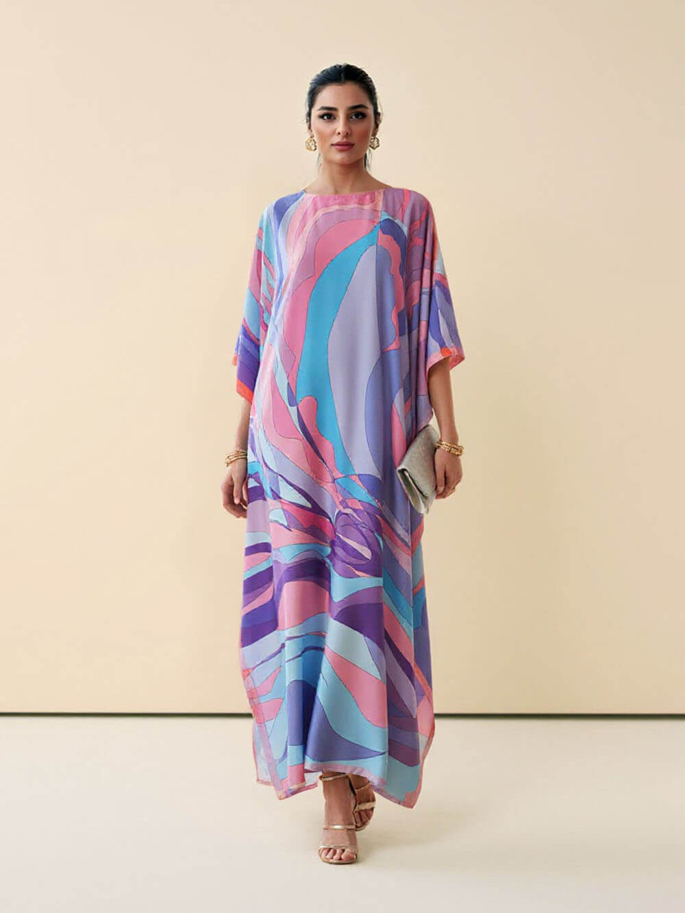 Klassisches Maxikleid mit Print im Kaftan-Kimono-Stil