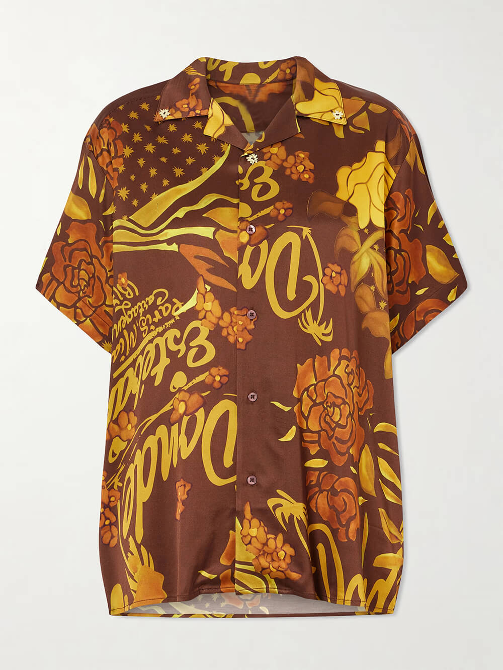 Camicia ampia in raso stampato con abbottonatura frontale