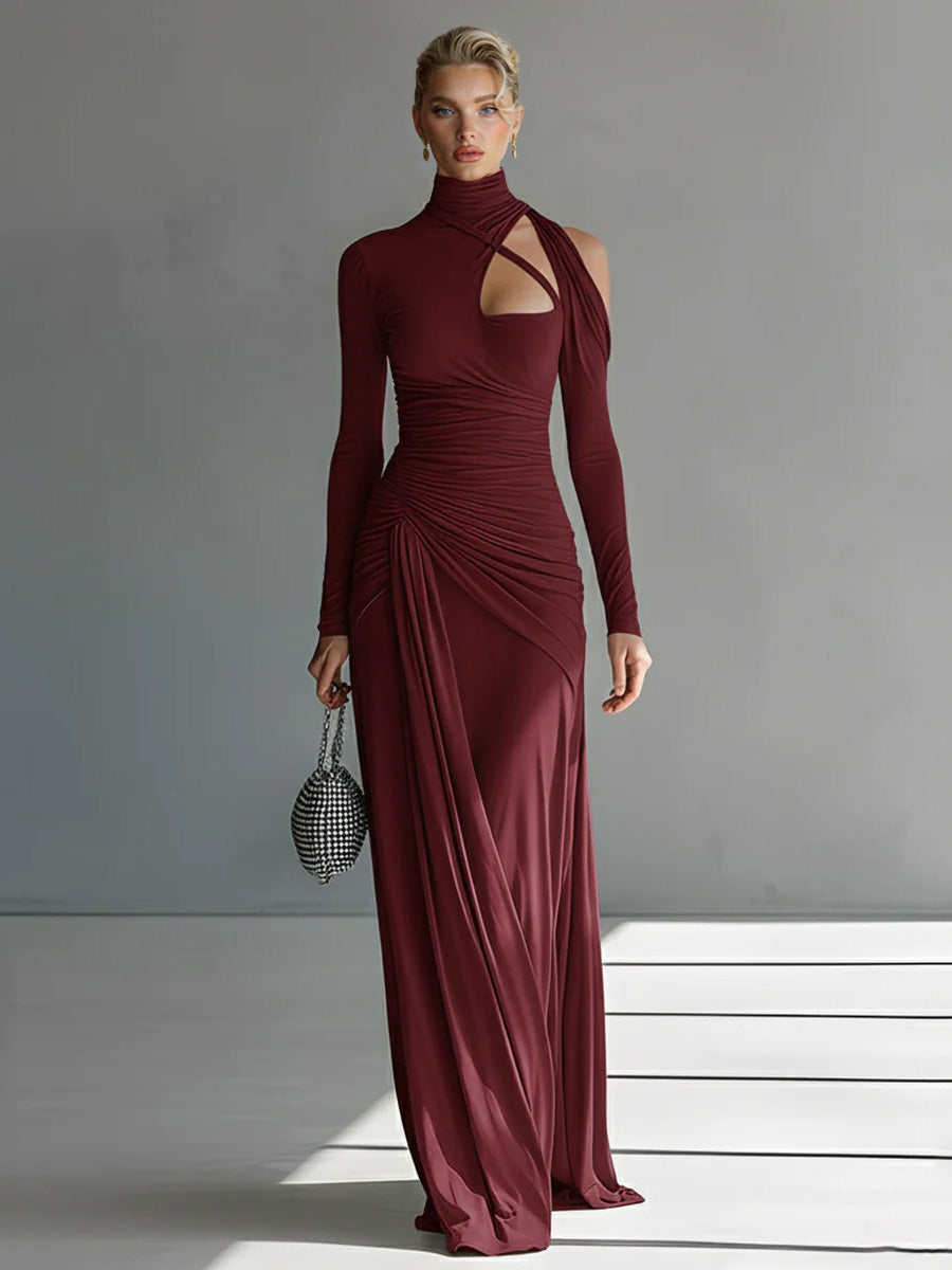 Vestido largo casual de tejido sedoso elástico, plisado y con abertura