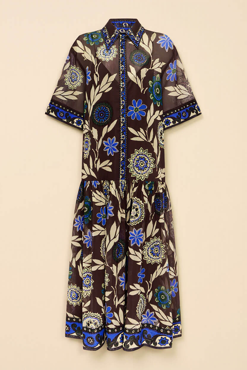 Robe-chemise longue rétro imprimée, boutonnée devant, avec ceinture en corde tressée