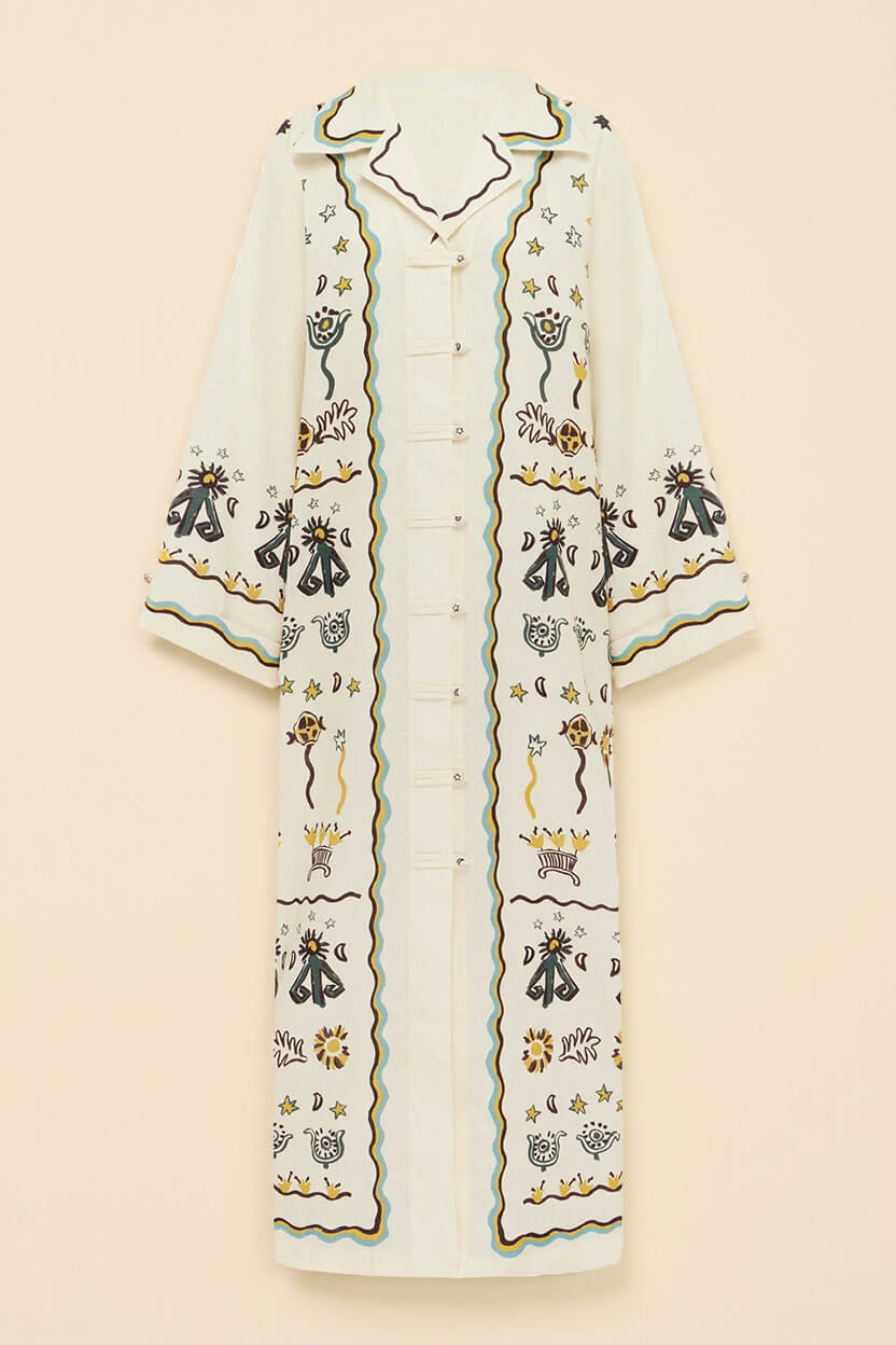 Robe-chemise longue ample à imprimé moderne, boutonnage devant et taille à nouer