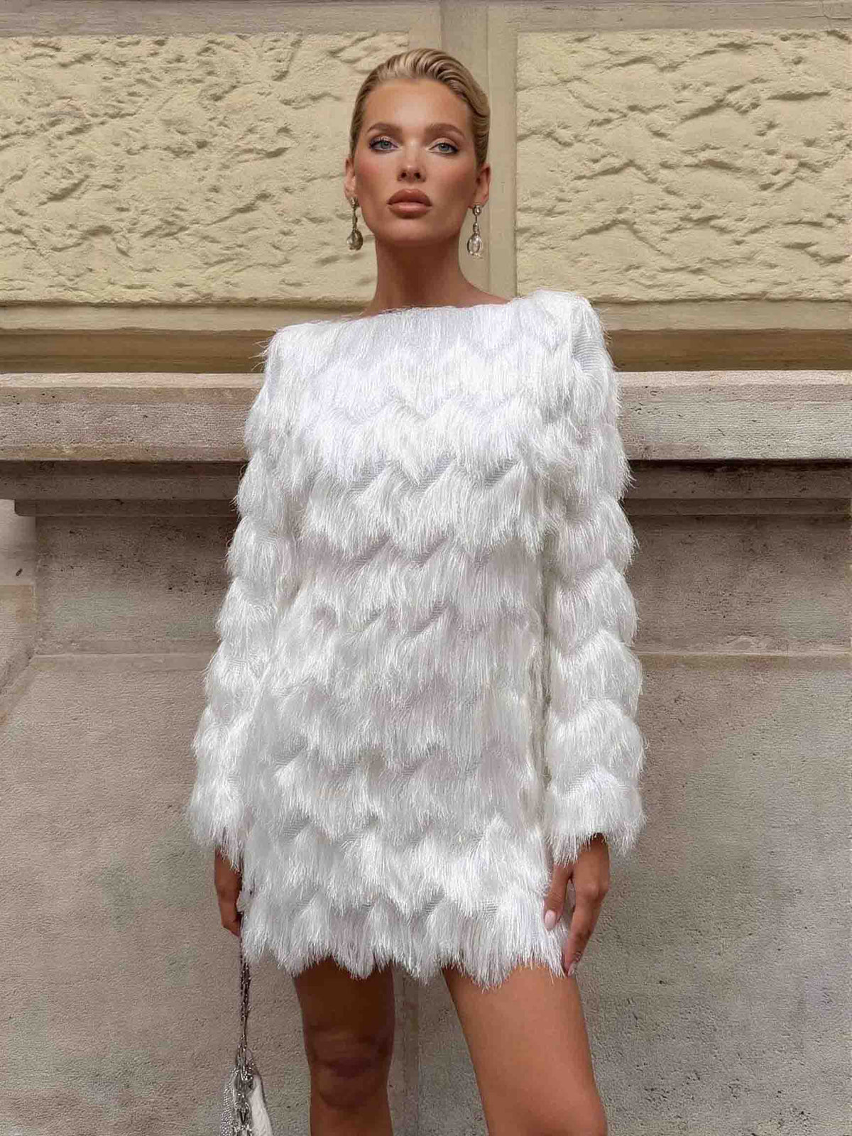 Elegant Textured Fringe Long-Sleeve Mini Dress