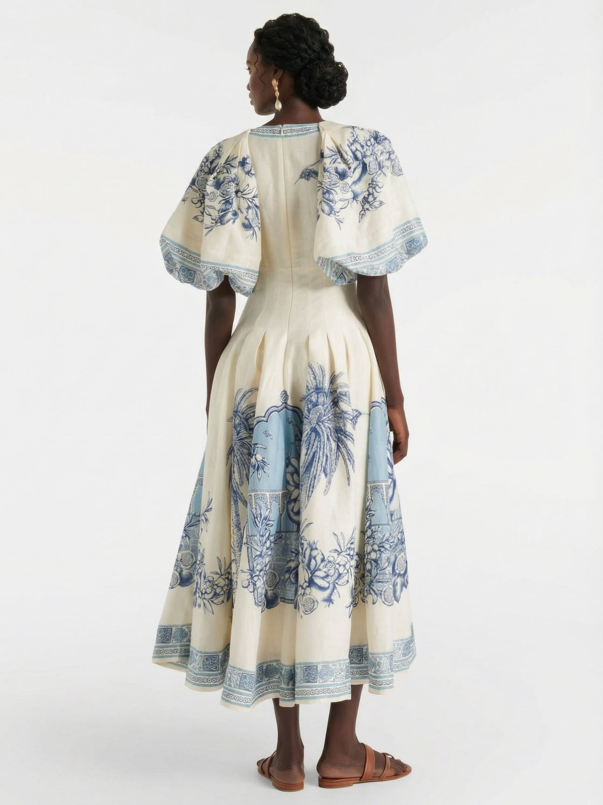 Elegant V-Neck Puff Sleeve Toile Print Midi Dress