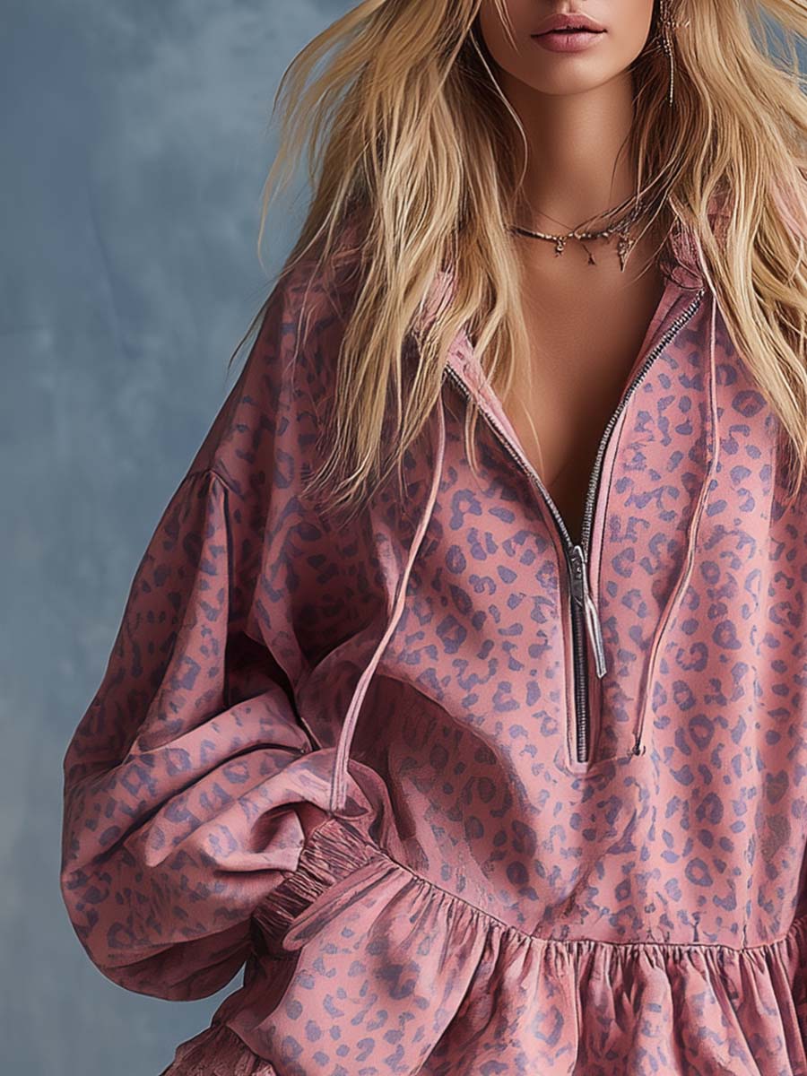 Elegantes Kapuzen-Minikleid mit Reißverschluss vorne und Leopardenprint