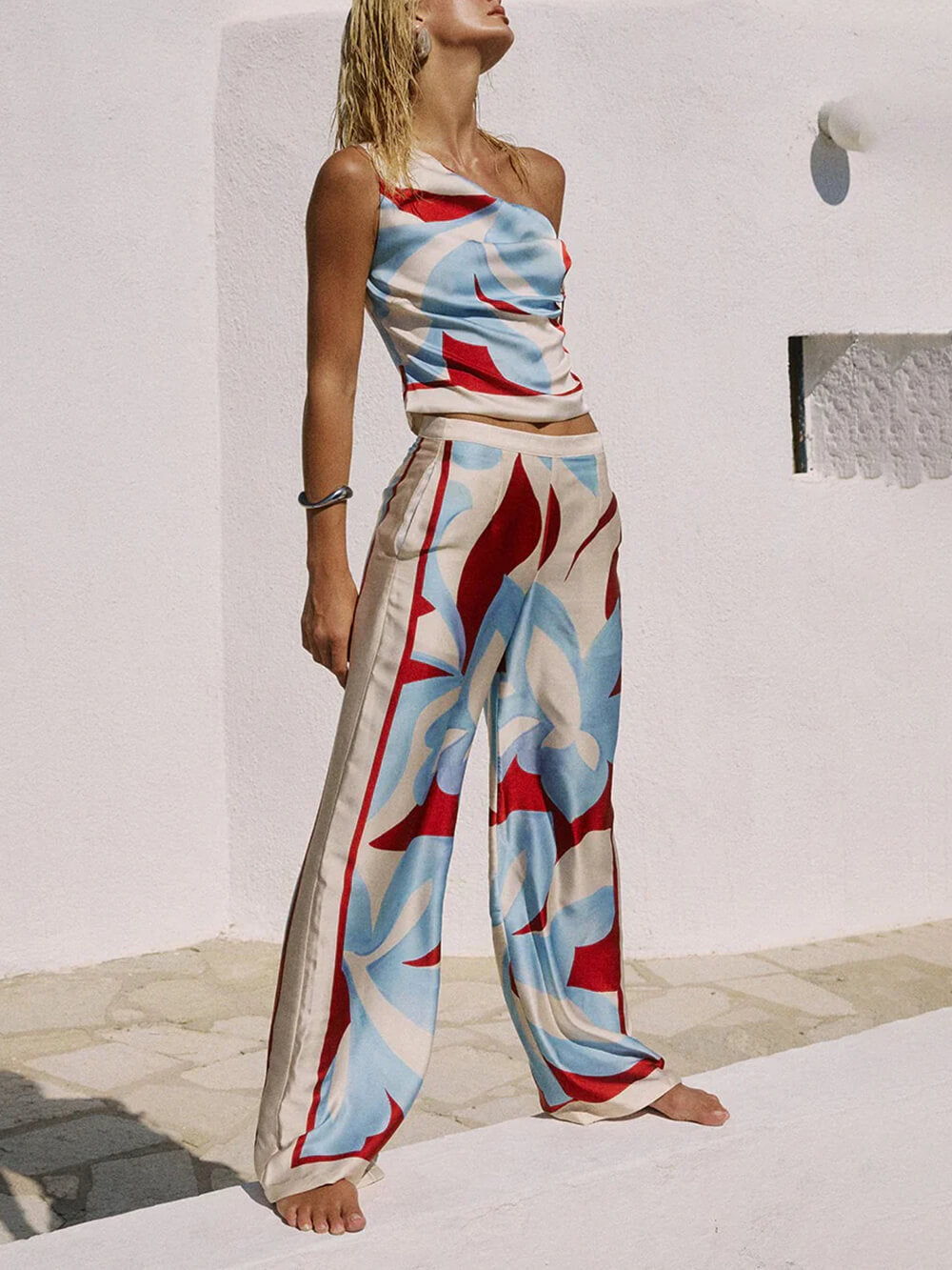 Unique Printed One-Shoulder Tie Top And Elastic Waist Wide Leg Pants Set