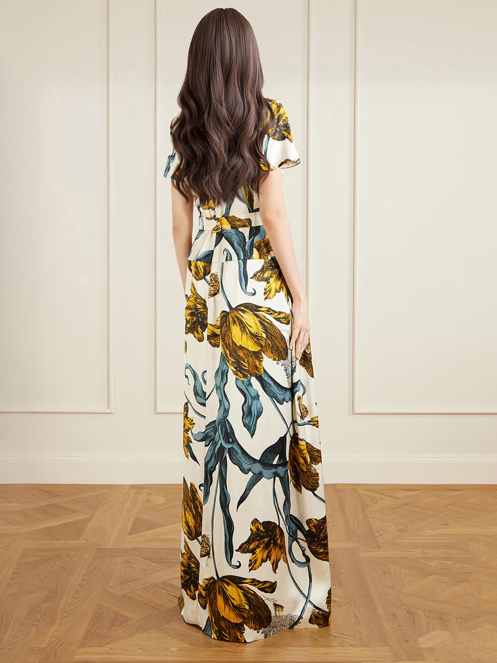 Modisches Satin-Maxikleid mit Print und tailliertem Schnitt