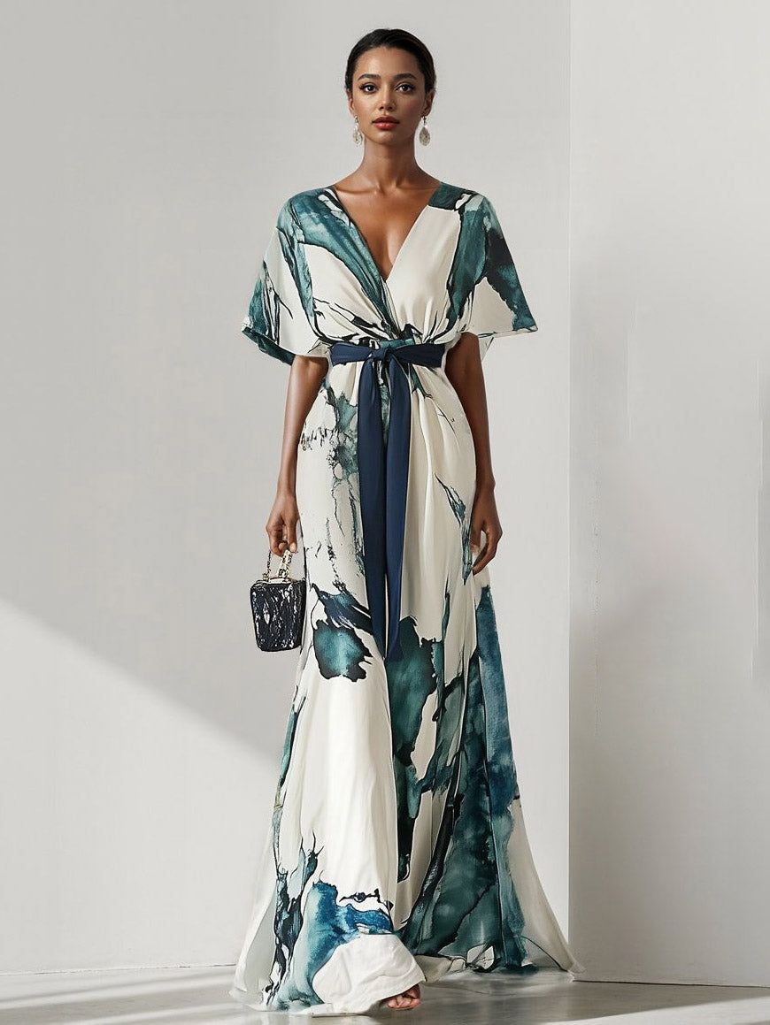 Elegant Watercolor Print V-Neck Flowing Maxi Dress