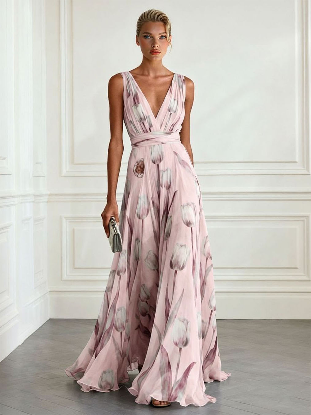 Elegant Tulip Print V-neck Maxi Dress