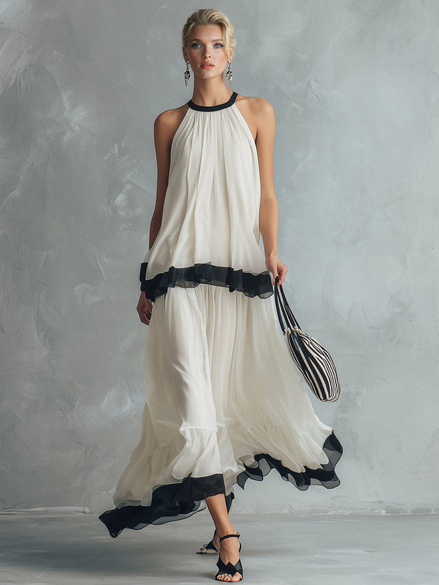 Conjunto elegante de top de alças em chiffon com costas descobertas e saia maxi