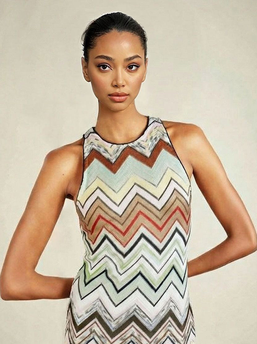 Elegant Geometric Zigzag Print Sleeveless Midi Dress