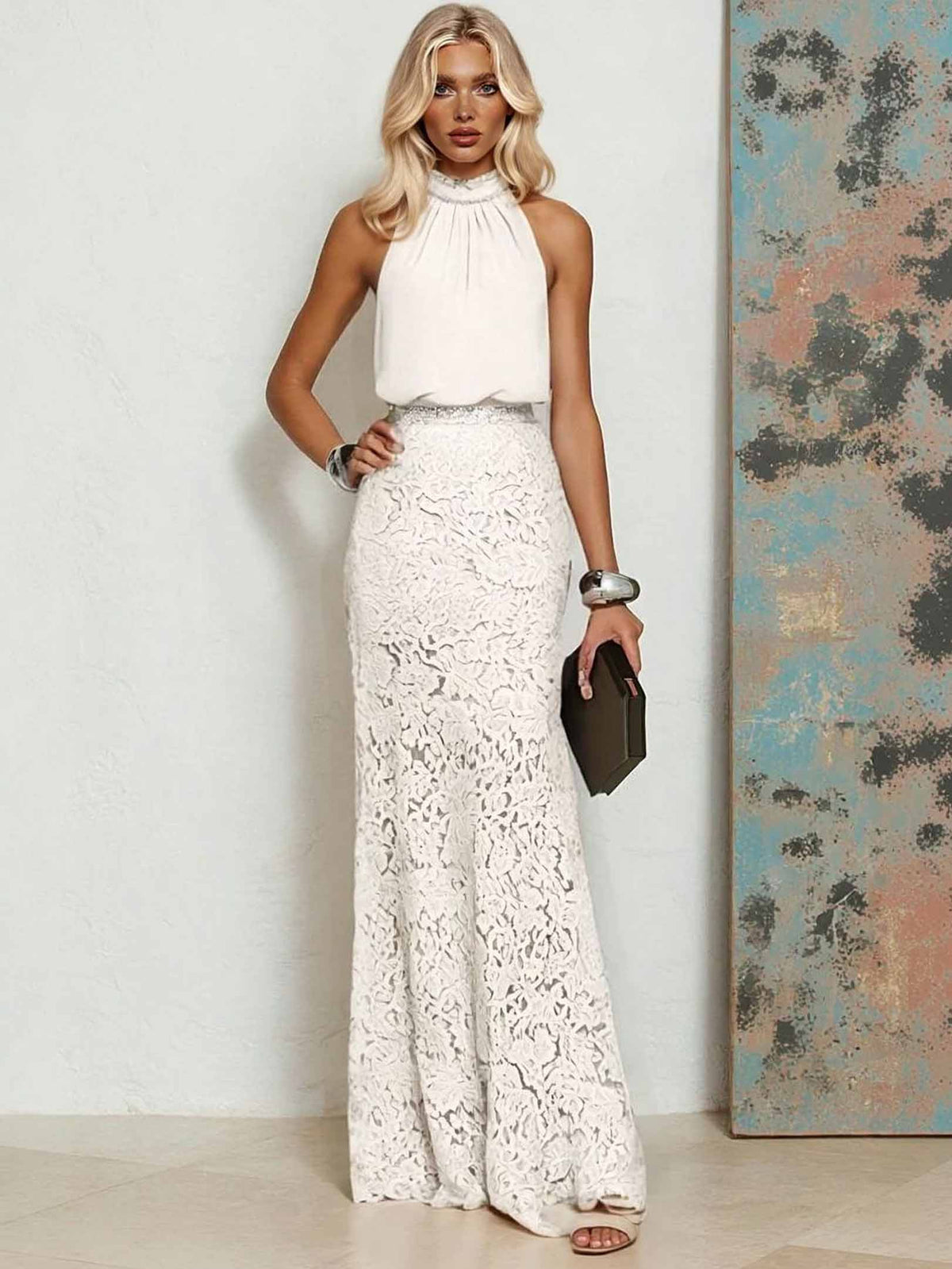 Elegantes Chiffon-Maxikleid mit Spitze, rückenfrei und im Meerjungfrauen-Schnitt