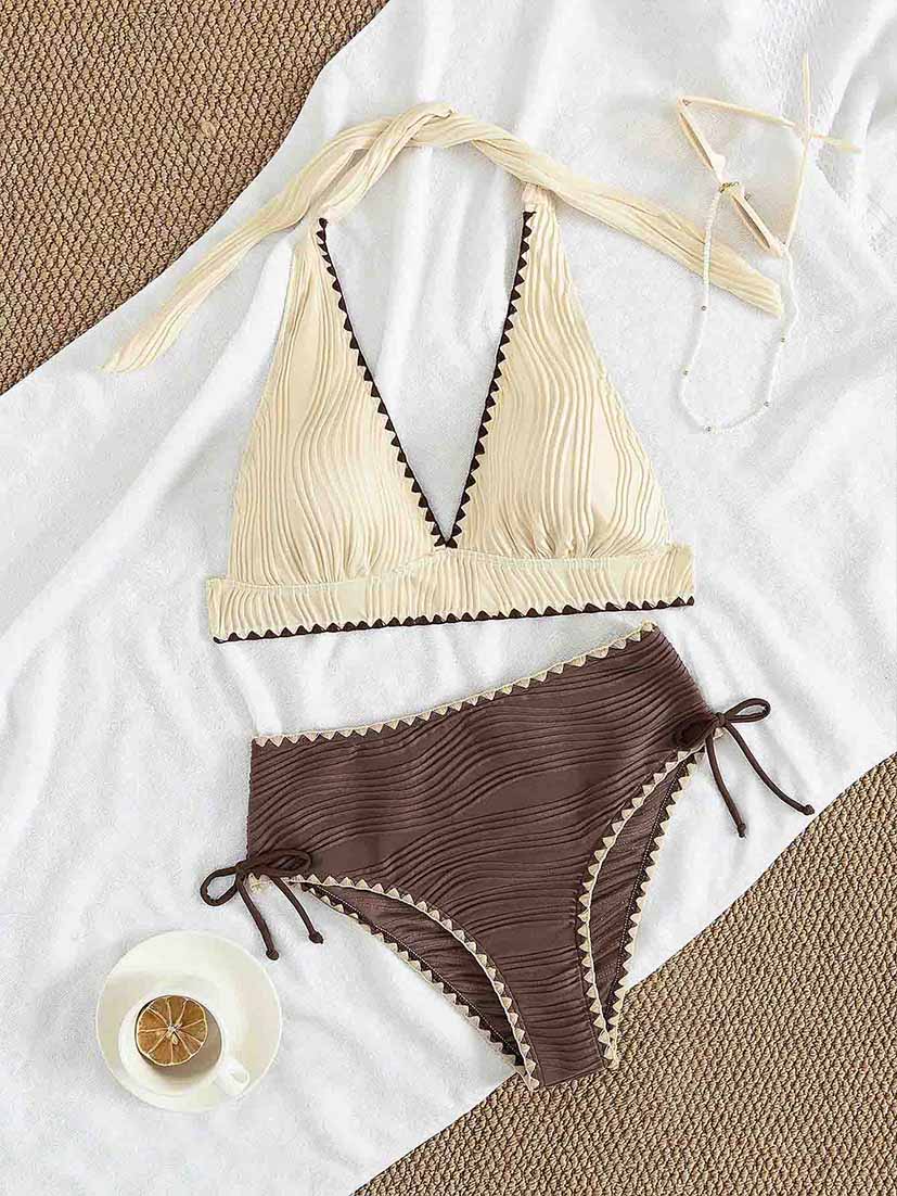 Retro-Bikini-Set mit zweifarbigem Design und hoher Taille