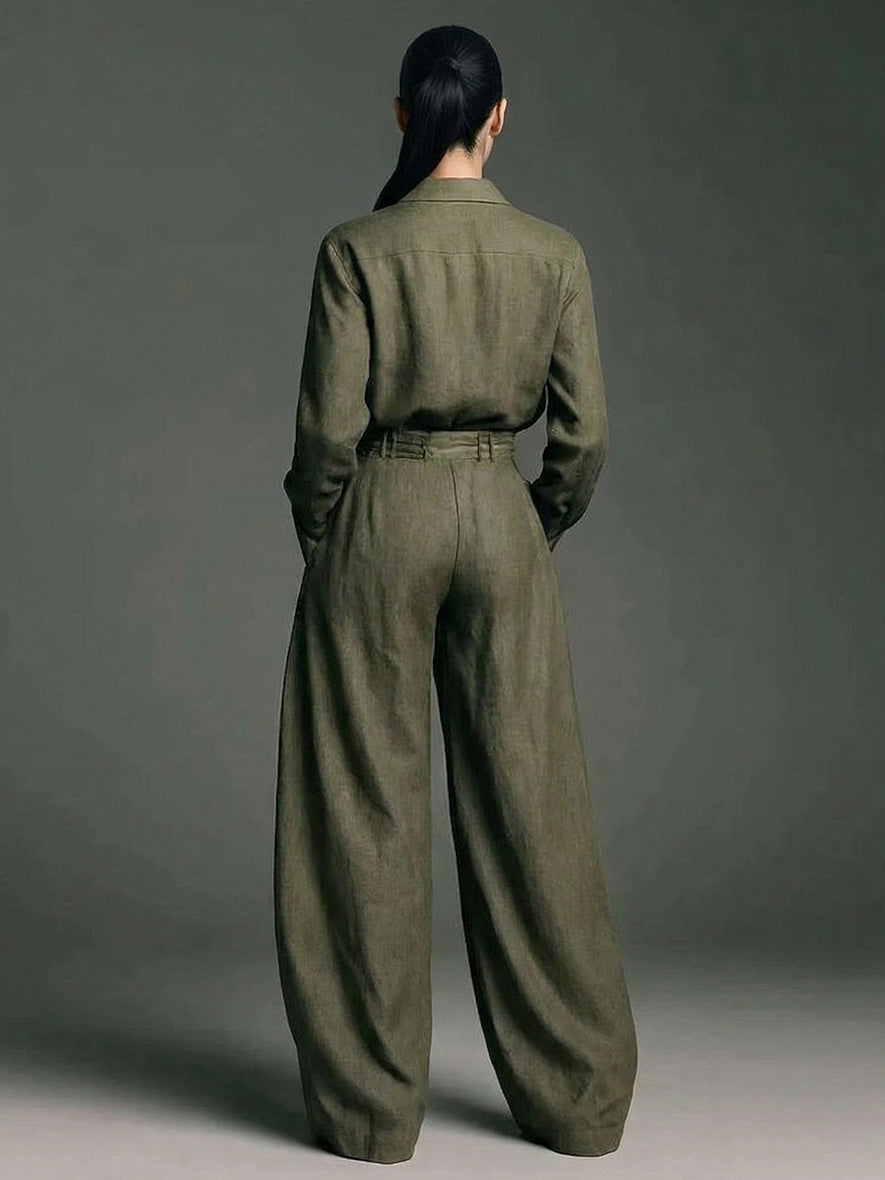 Completo casual due pezzi con camicia a maniche lunghe e pantaloni a gamba larga