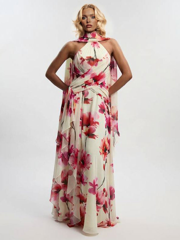 Vestido comprido elegante de chiffon com estampado floral aguarelado e costas descobertas