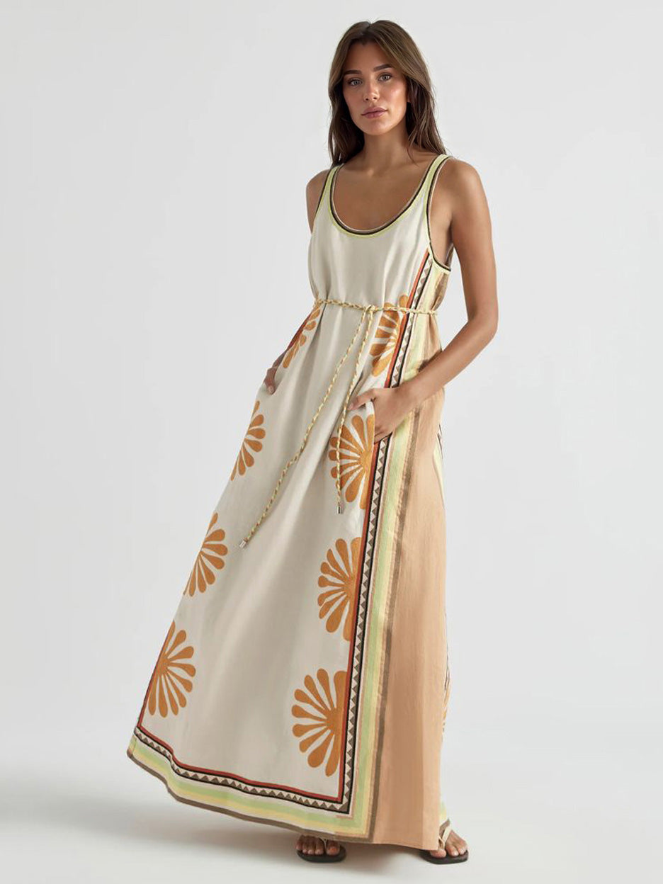 Robe longue bohème à imprimé floral sans manches avec lien à la taille