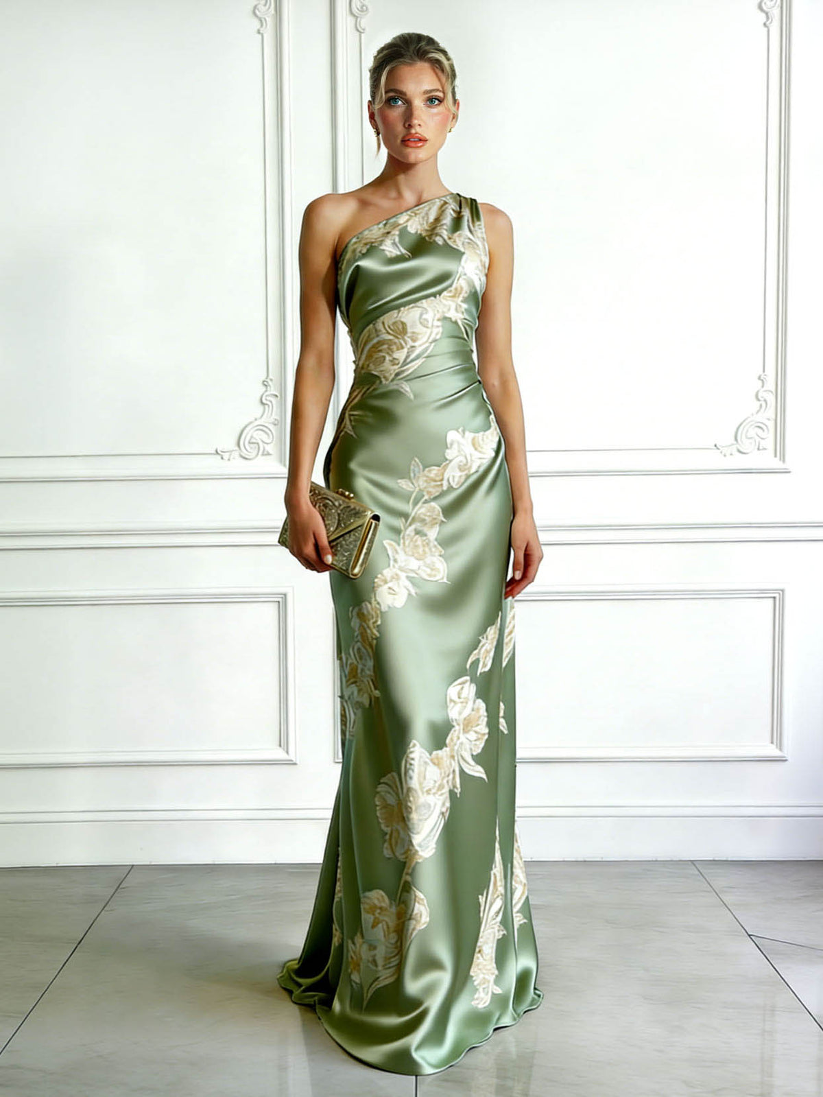 Elegantes One-Shoulder-Maxikleid aus Satin mit Blumenmuster