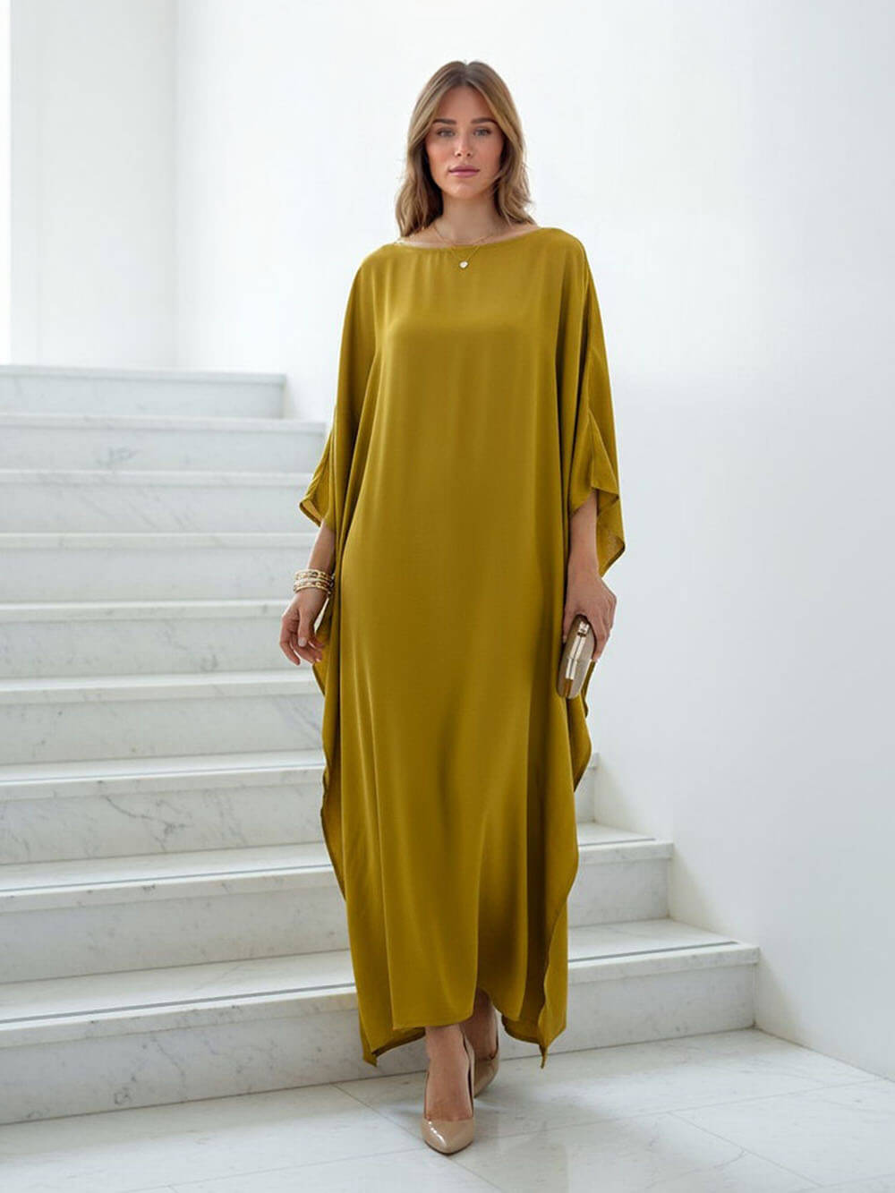 Vestido comprido estilo quimono boémio em cetim