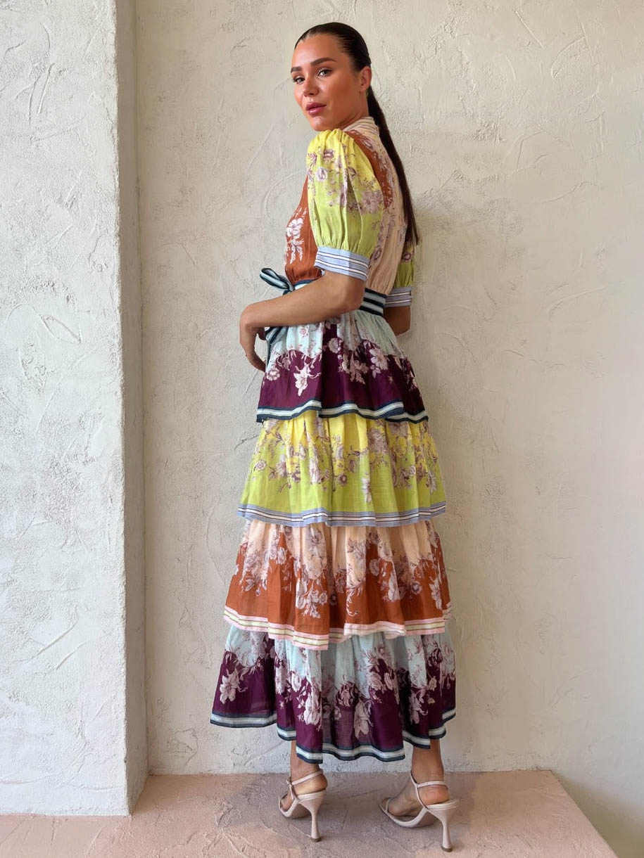 Retro Paisley Print Ruffled Midi Dress
