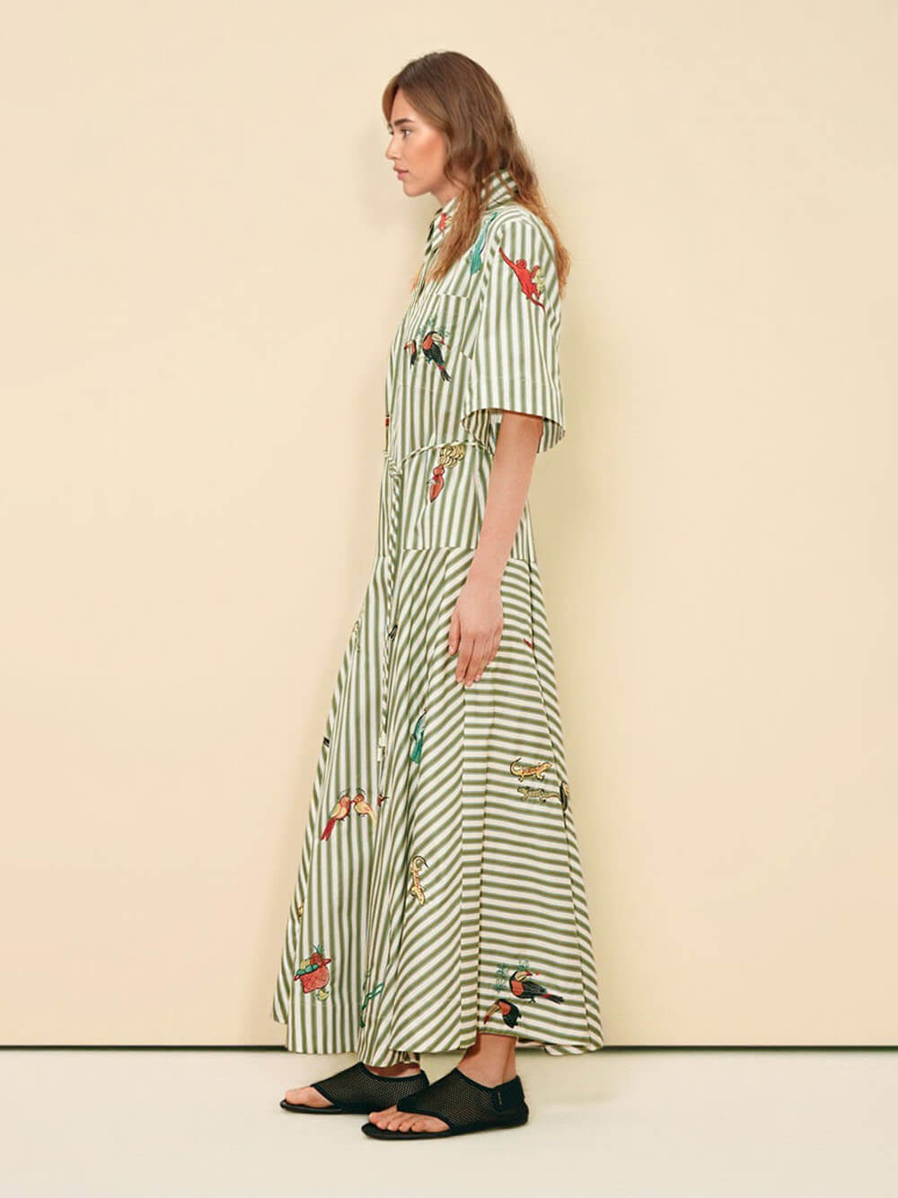 Classic Striped Button-Front Tie-Waist A-Line Maxi Shirtdress