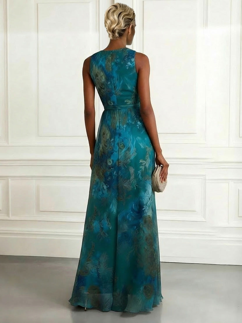Maxi abito elegante in chiffon senza maniche, con scollo a V e stampa floreale