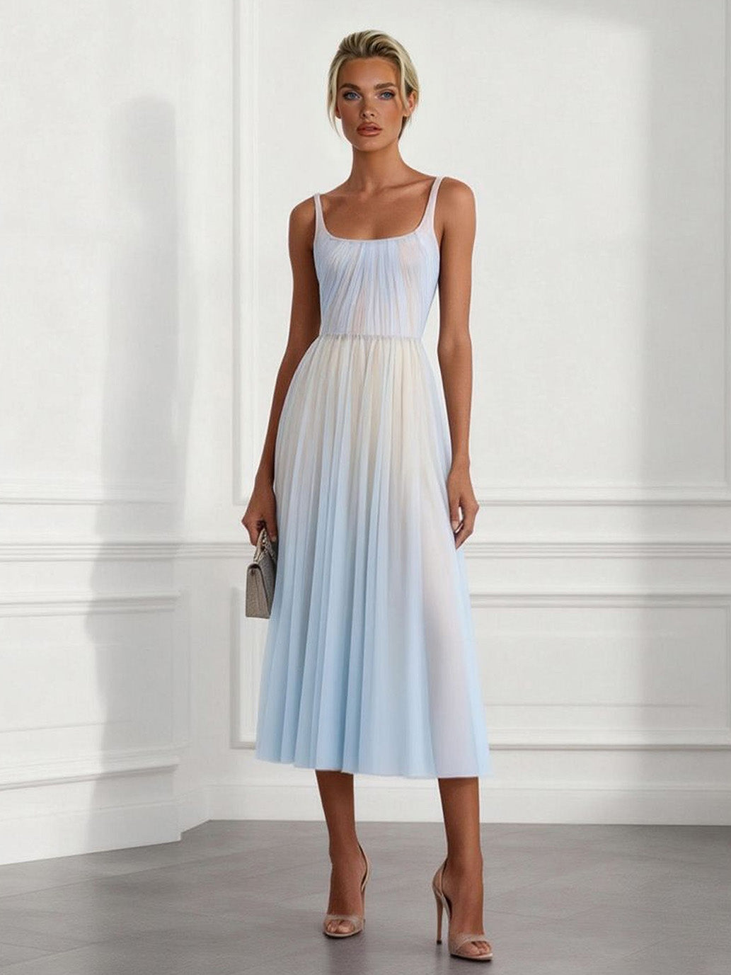 Vestido midi elegante plisado con tirantes finos y estampado degradado