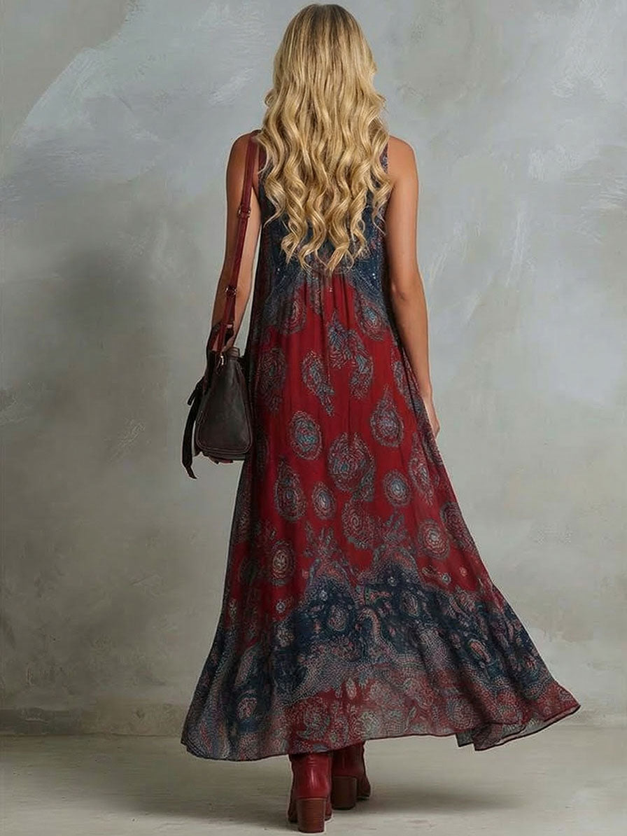 Vestido maxi fluido boémio com decote em V profundo e estampado paisley