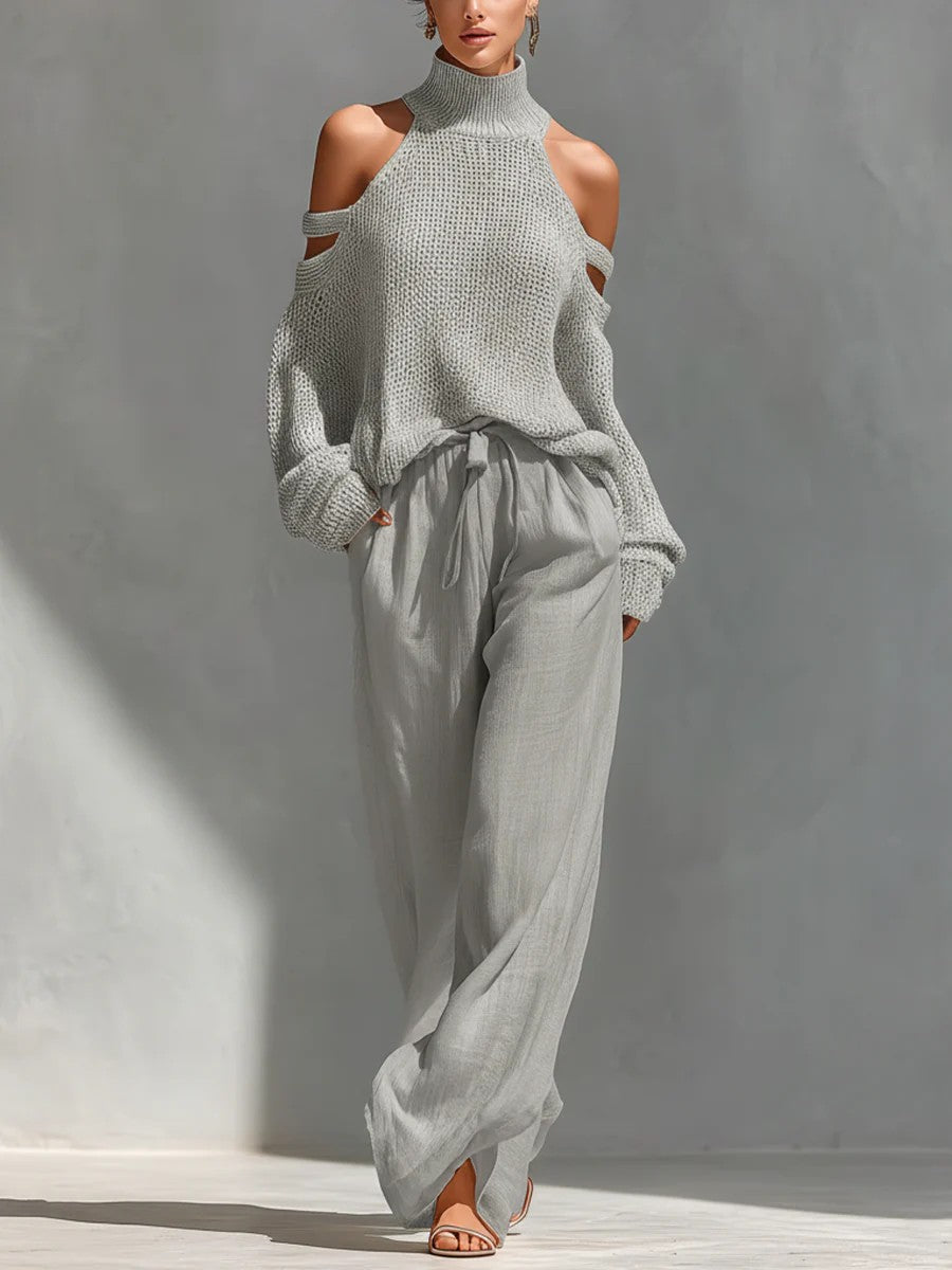 Lässiges zweiteiliges Set aus schulterfreiem Stricktop und Hose mit weitem Bein