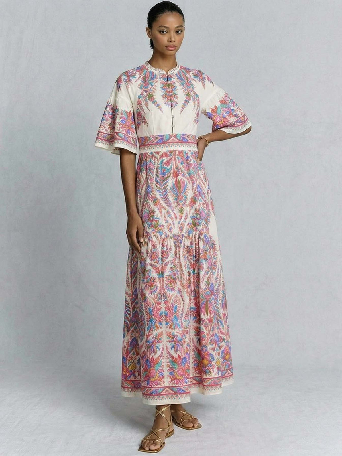 Robe longue à imprimé cachemire et col montant