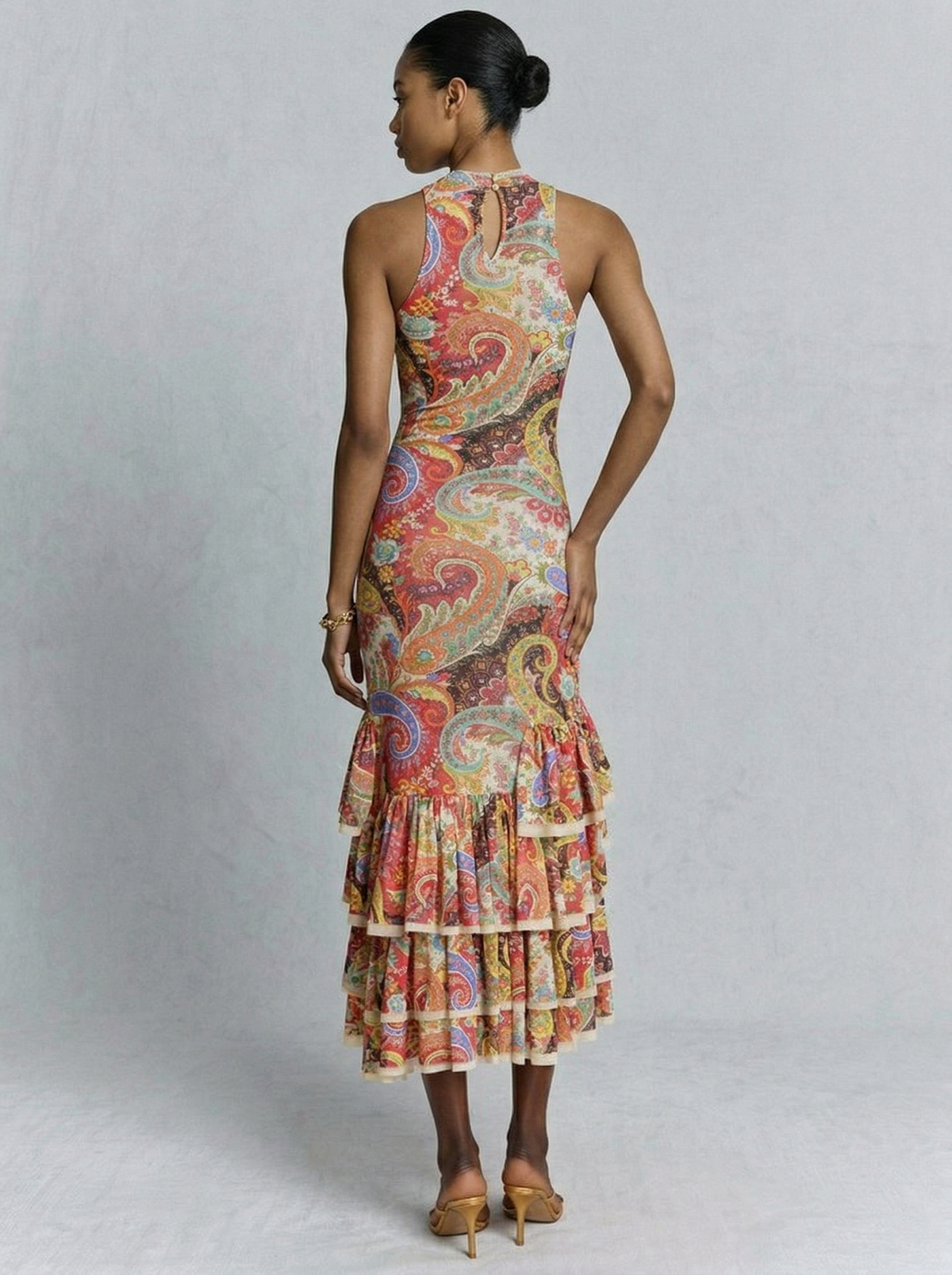 Colorful  Paisley Print Ruffled Hem Halter Midi Dress