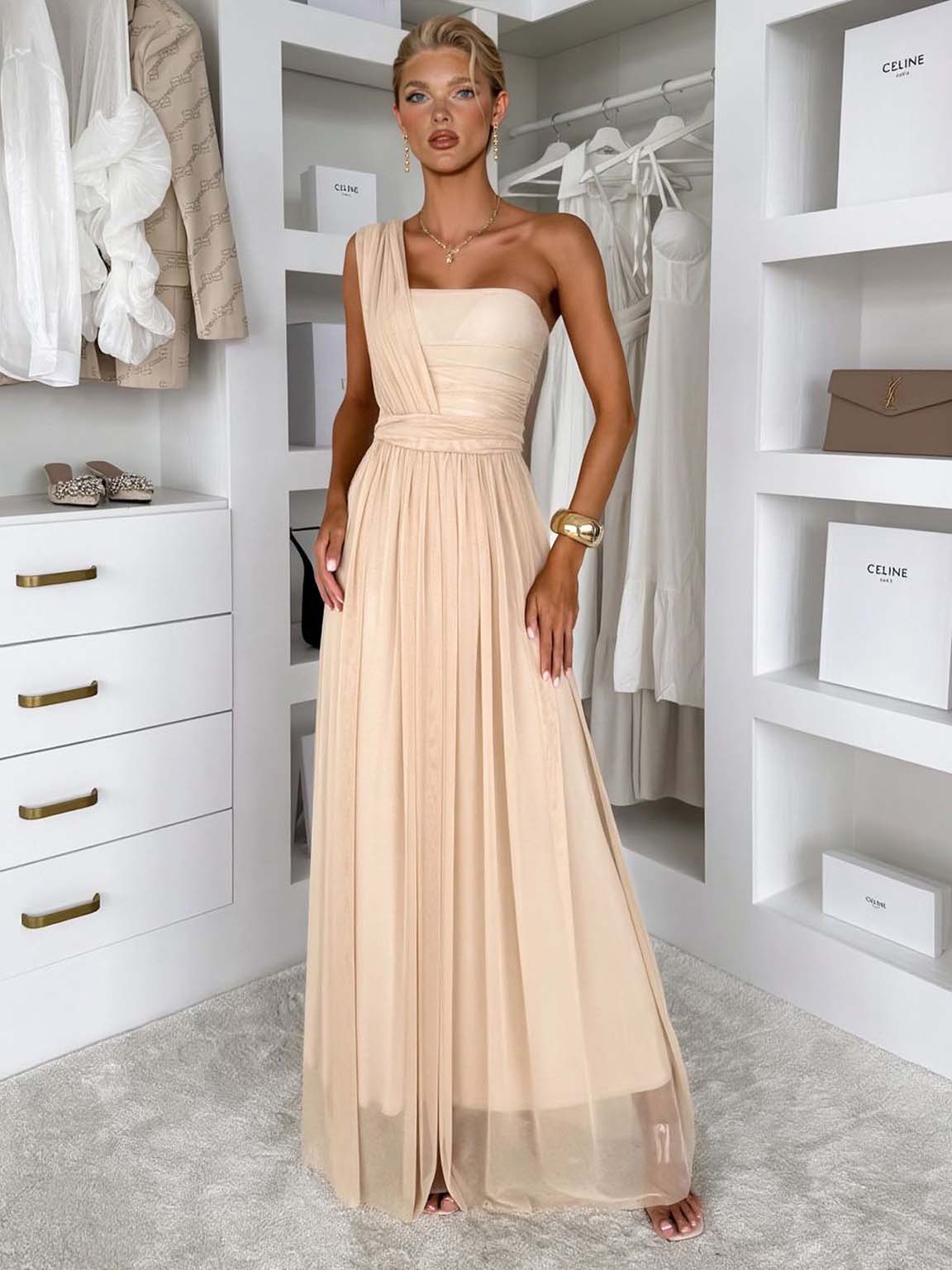 Elegant Sleeveless Mesh Ruched Convertible Maxi Dress