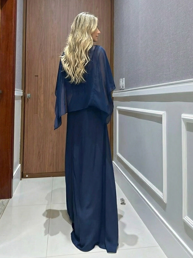 Elegantes Set aus Chiffon-Cape-Top und Hose mit weitem Bein