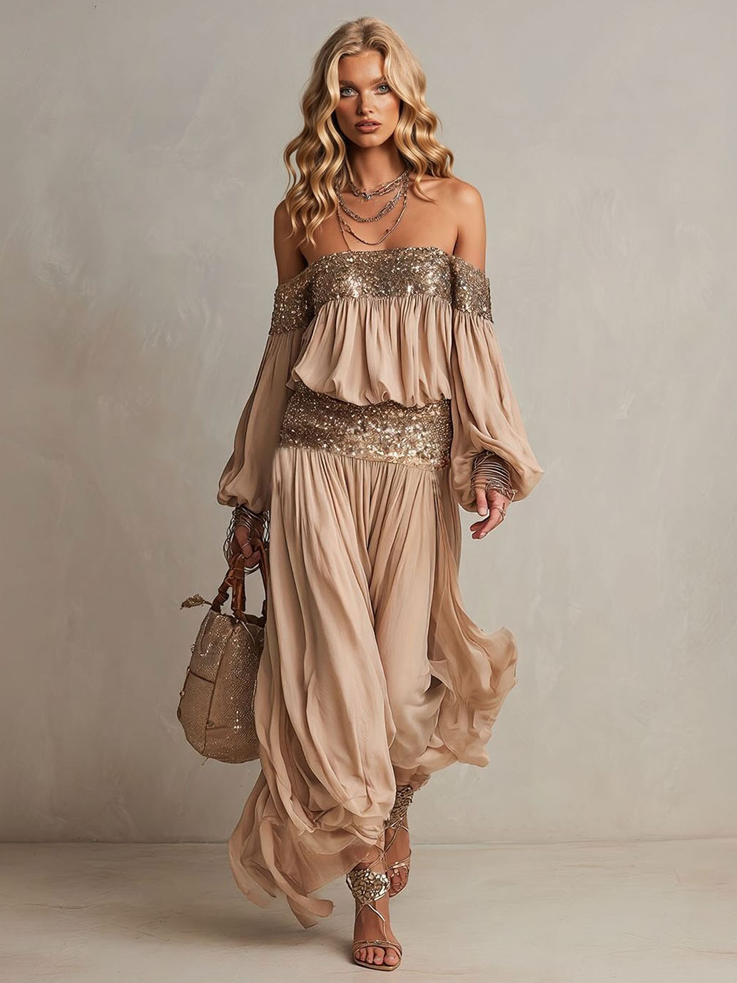 Conjunto elegante de duas peças com vestido maxi fluido, de ombros descobertos e adornado com lantejoulas