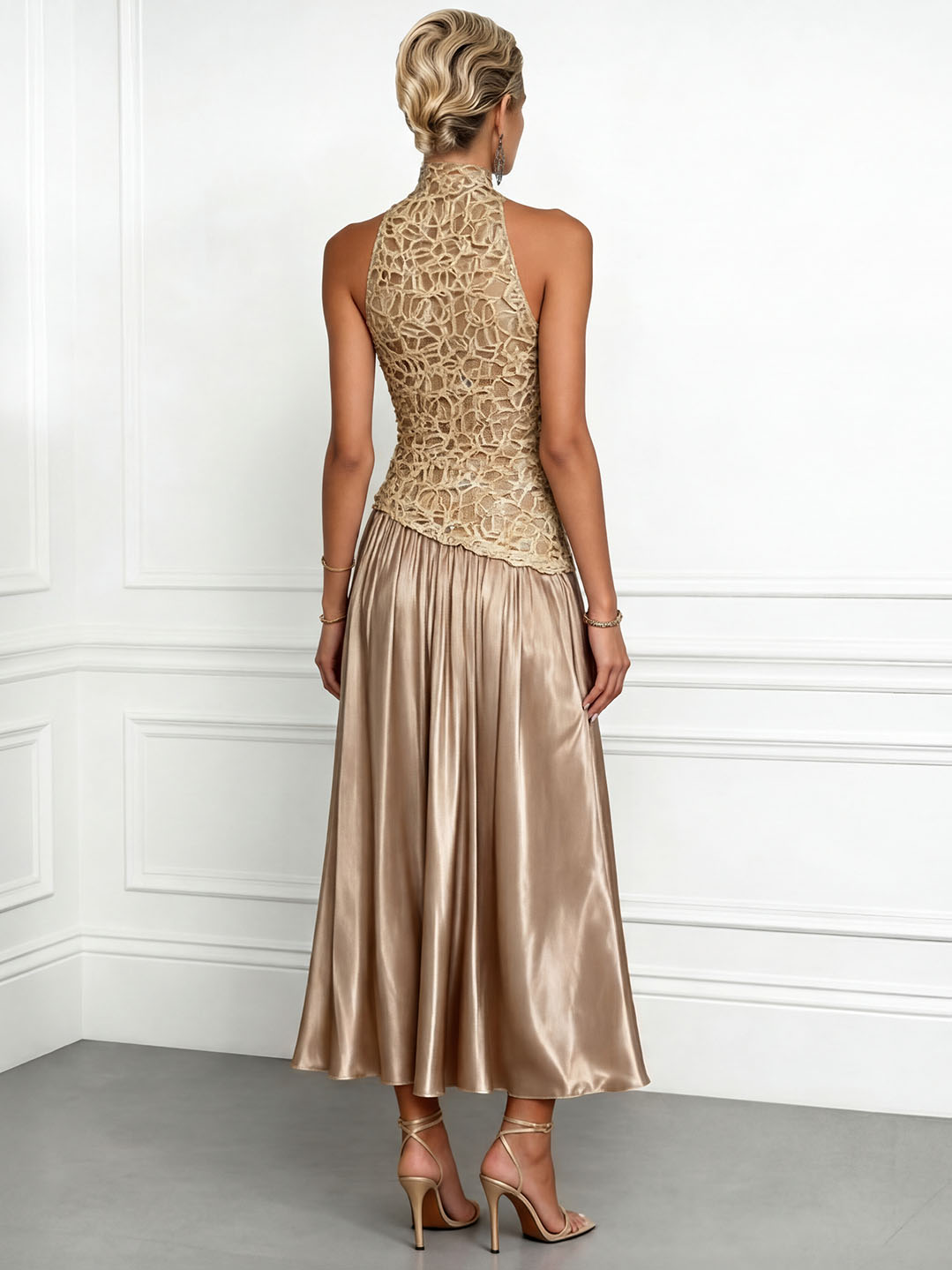 Elegant Backless Lace Satin Maxi Dress