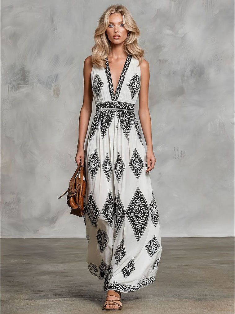 Bohemian Geometric Print Halter Maxi Dress