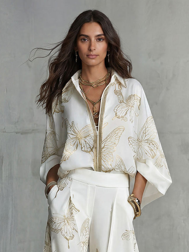 Elegant Butterfly Print Zip Shirt