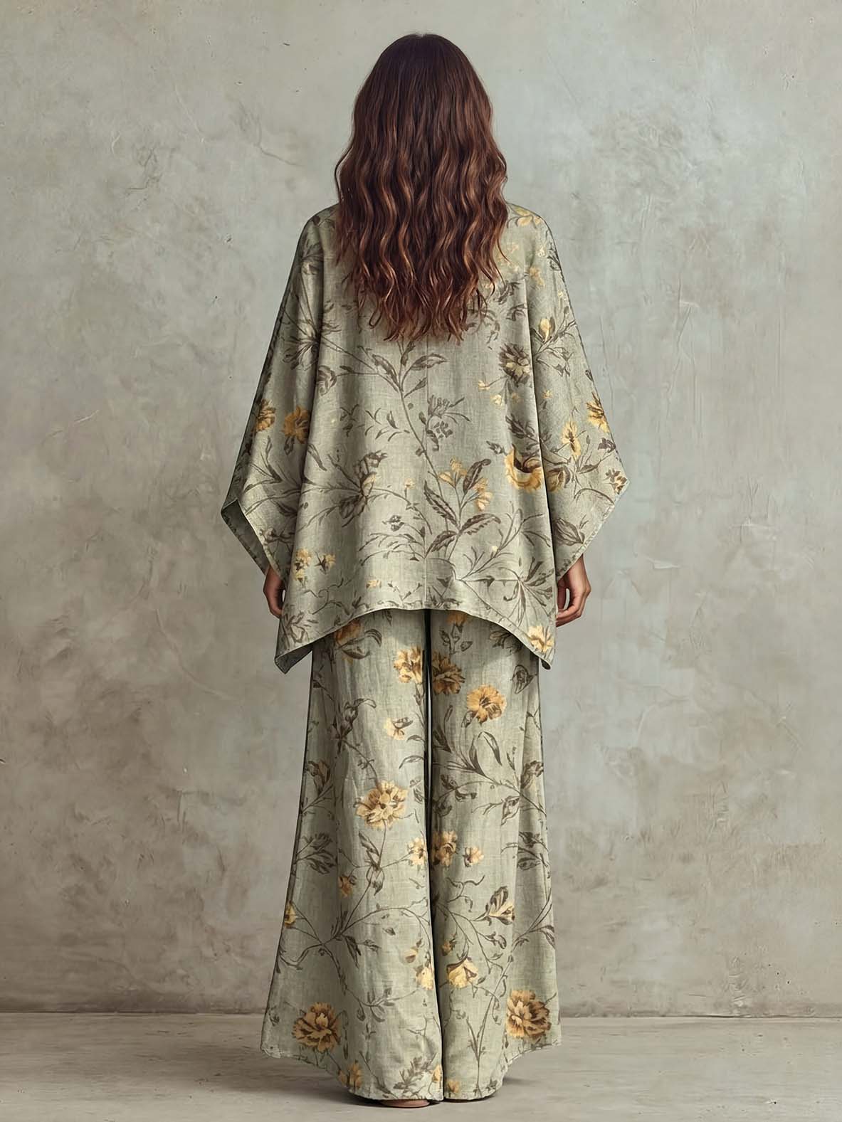 Completo retrò a due pezzi con top ampio a fiori e pantaloni a gamba larga
