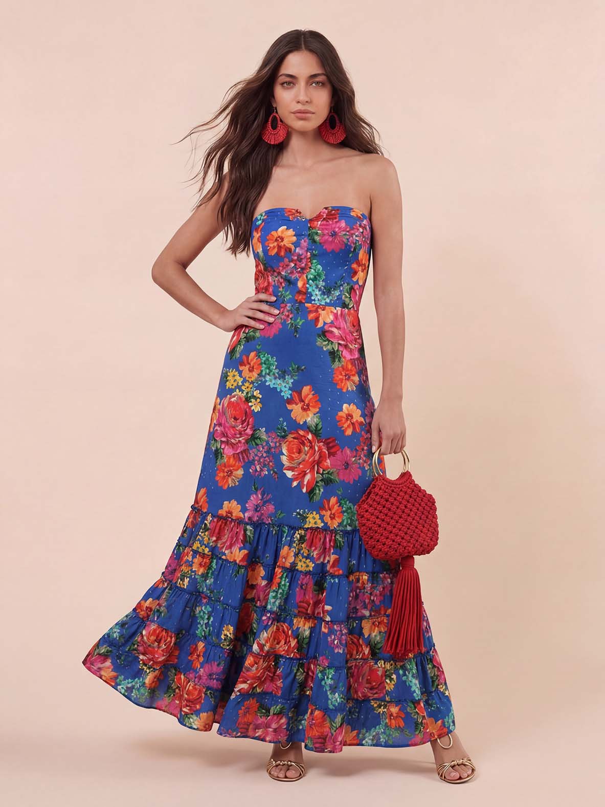 Exquisite Floral Print Strapless Layered Ruffled Maxi Dress