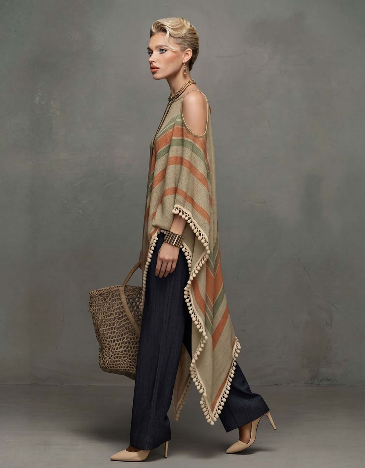 Casual completo a due pezzi con top a righe asimmetrico tipo scialle e frange