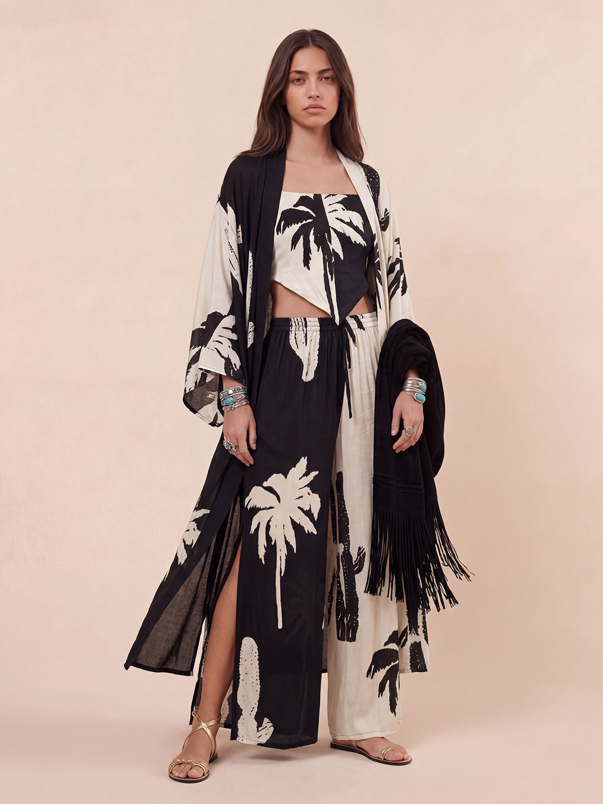Dreiteiliges Strandset im Boho-Stil mit Palmenprint