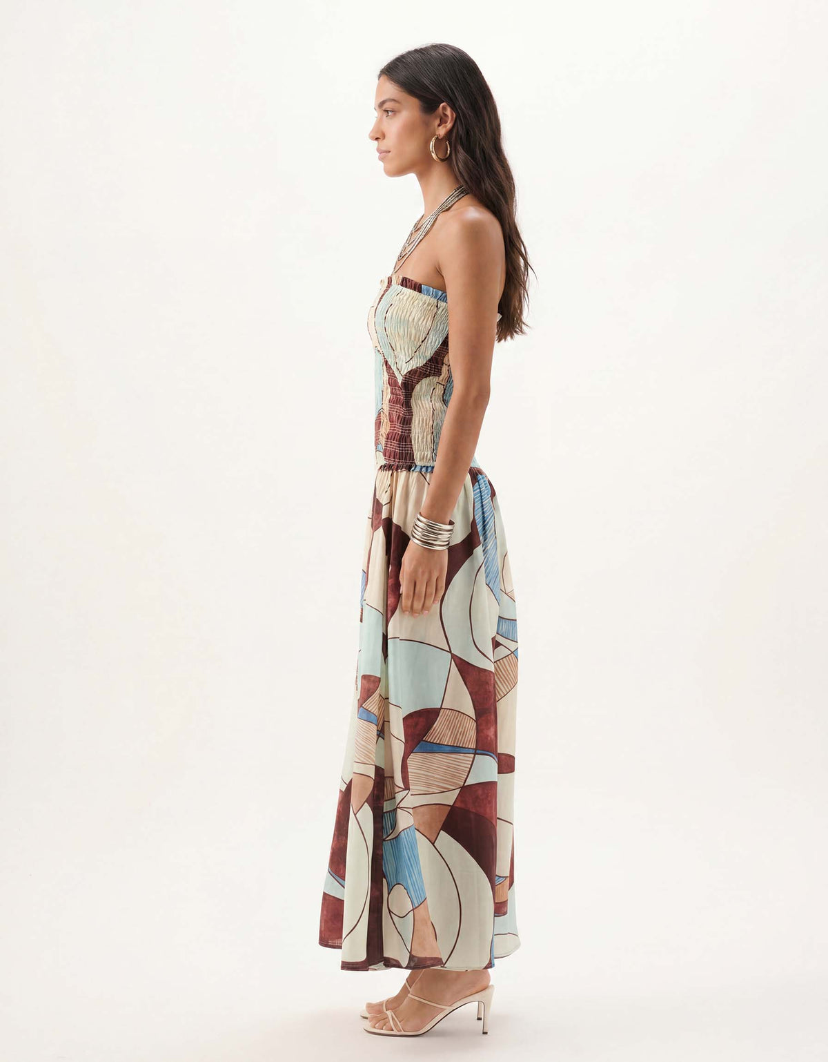 Exquisite Strapless Ruched Abstract Geometric Print Tiered Maxi Dress
