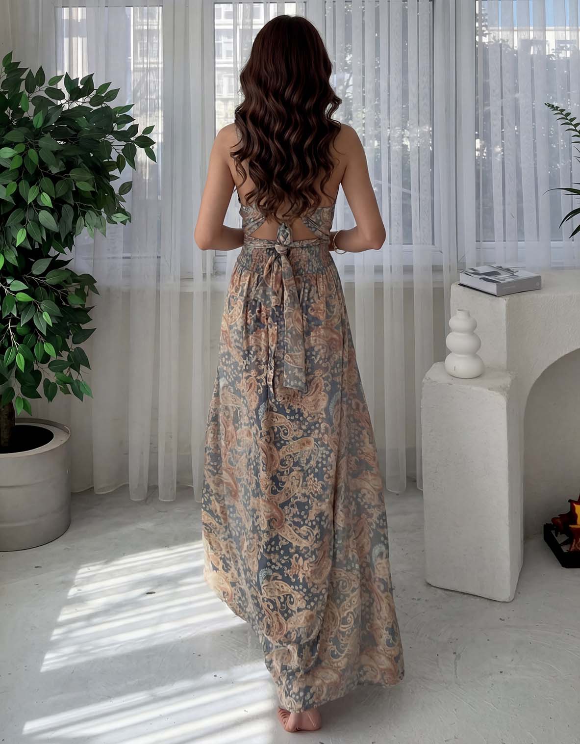 Abito lungo boho con stampa cachemire