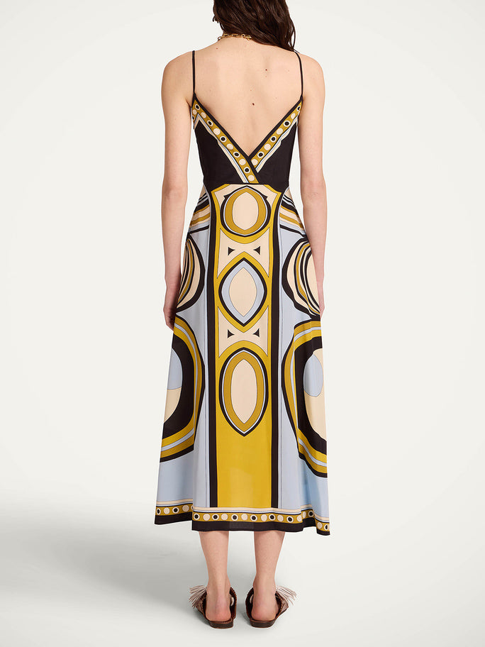 Midikleid im Slipdress-Stil mit V-Ausschnitt und Retro-Geoprint